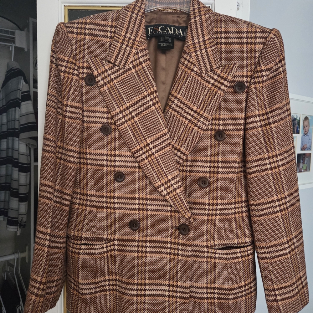 Escada Women's Tan Plaid Double-Breasted Blazer